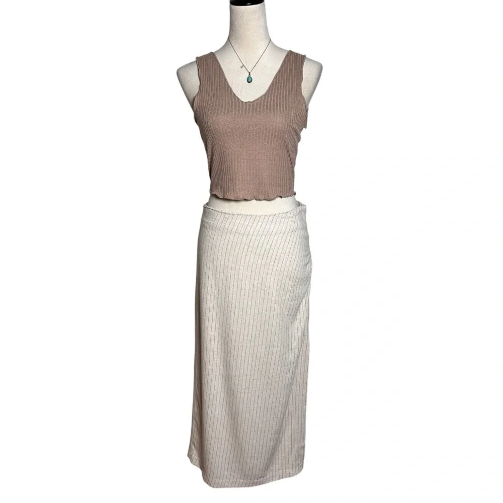 Miou Muse Linen Blend Ruched Midi Skirt M Striped‎ Minimalist Neutral Old Money